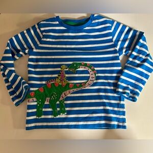Mini Boden Blue & White Stripe Long-Sleeve Top with Green Dinosaur Patch